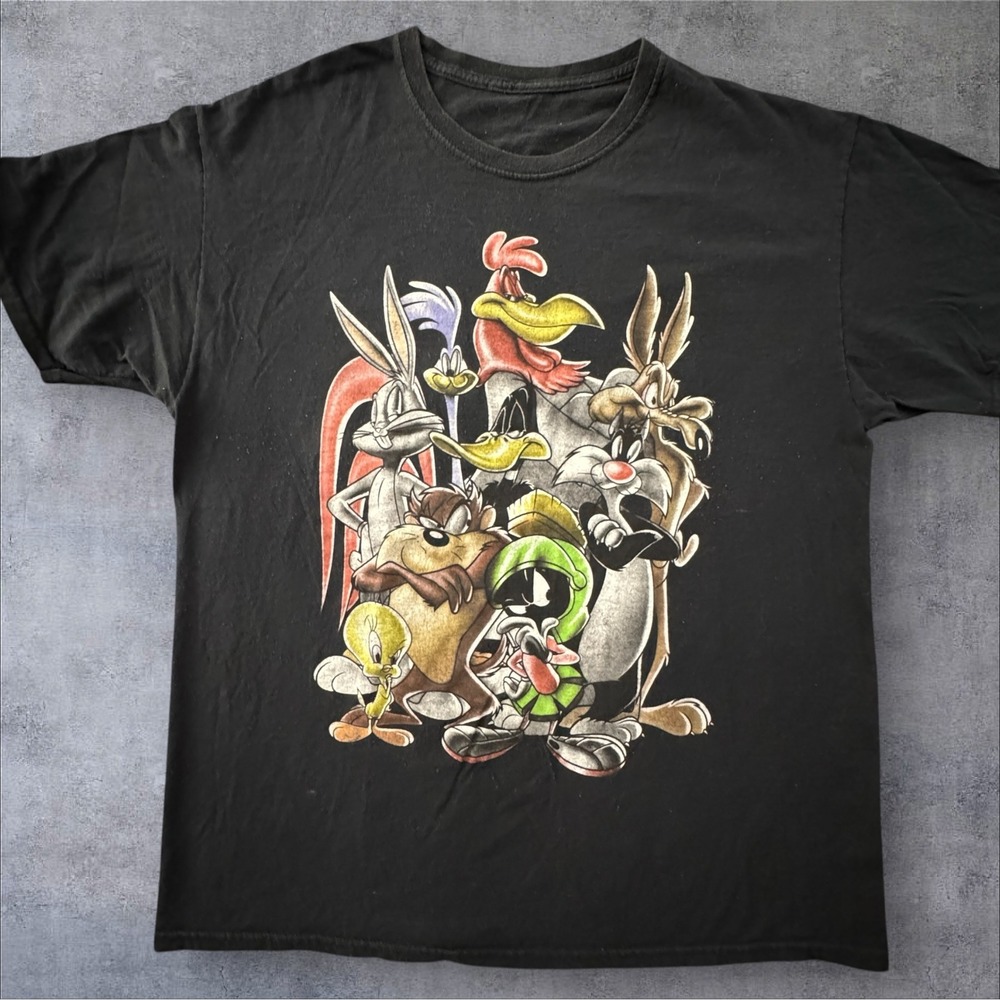Looney Tunes Graphic T-Shirt Men's L Black Character Group Front Back Print